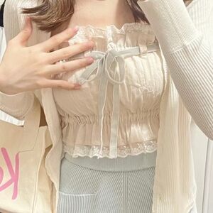 Japanese Kawaii Cream Blue Ruffle Cottage Balletcore Ribbon Bow Crop Shirt Top